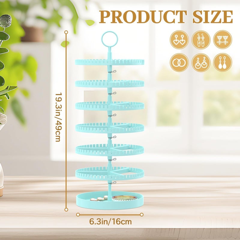 MODOWEY 6 Tier Rotating Earring Holder Organizer Display Tree with Metal Tray, Adjustable Plastic Stand with 342 Slots for Stud Hoop Hanger, Large Capacity Storage Rack for Women Space-Saving, Blue - Image 3